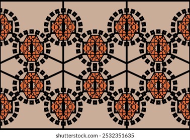 Seamless vibrant geometric pattern, with abstract orange shapes on light brown background. Vector illustration for textile, fabric, wallpaper design, wrapping paper