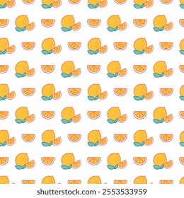 Seamless Vibrant Lemon Citrus Cute Fruit Pattern. Perfect for culinary or nature-themed projects, this pattern offers a versatile backdrop for fabric, wrapping paper, or home decor.