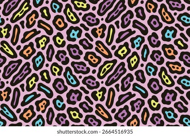 Seamless vibrant leopard print pattern with rainbow colors on pastel pink background, cartoon style.