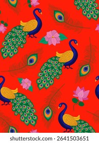 seamless vibrant peacock and lotus pattern for krishna janmashtami festive designs hindu cultural celebrations colorful feathers elegant birds red background