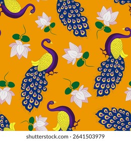 seamless vibrant peacock lotus pattern krishna janmashtami festive designs hindu celebrations colorful birds orange background cultural spiritual illustration