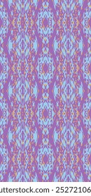 Seamless vibrant tribal-inspired pattern. Geometric shapes like diamonds and triangles. Kaleidoscope-like arrangement. Bold mix of purple, blue, orange, and yellow. Intricate, detailed design. 