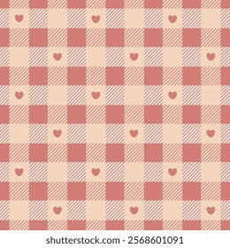 Seamless Vichy check pattern for Valentine's Day. Gingham pattern with hearts in pastel pink. Design for blanket, shirt, wrapping other modern holiday print.Vector flat backdrop.
