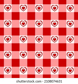 Patrón vichy sin foco con corazones. Textura a cuadros para manta de picnic de San Valentín, mantel, mantel. Fondo de tela, diseño de gingham retro. Ilustración plana vectorial. Vista superior