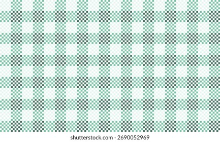 Plano de fundo vichy contínuo em uma paleta de menta refrescante e cor azul-petróleo com um efeito de tecido bordado pixelated, ponto-cruz. Padrão geométrico abstrato para têxteis e papel de parede