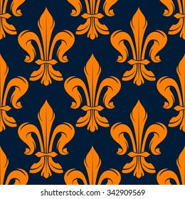 Seamless victorian floral pattern with medieval orange fleur de lis flowers on dark blue background