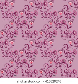 Seamless Victorian floral pattern in red colors. Detailed flower lace ornament on pink background. Vintage background pattern design. Can be used for packaging,invitations, greeting cards