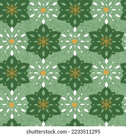 Patrón victoriano sin foco. Azulejos florales de estilo turco. La mano dibujada con flores sobre fondo verde. Ilustración vectorial.