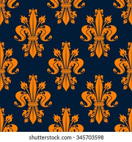 Seamless victorian royal floral pattern with stylized orange fleur-de-lis flowers on dark blue background. May be used for wallpaper or interior design