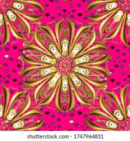 Seamless. Victorian swirly ornaments Vector illustration. Scroll decorative vintage elements. Curl line flourish symbols. Doodle, sketch, scribble on beige, magenta and brown colors.