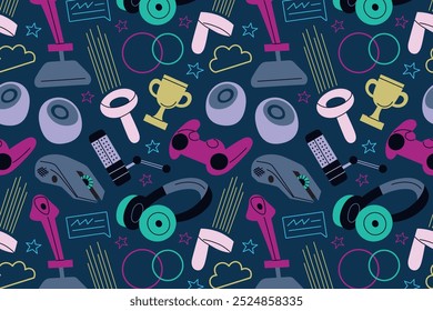 Seamless video game pattern, vector illustration in flat cartoon style. Gaming devices like joysticks, headphones, trophies. Print for digital entertainment, gaming designs, and esports backgrounds