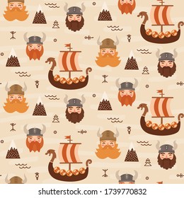 Seamless viking pattern for kids -  childish illustrations - scandinavian  repeat pattern design - bearded men and viking ship