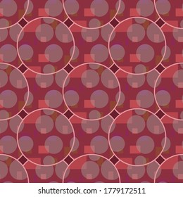 Seamless vinous background. A pattern of circles and rectangles. Small and large circles and squares are enclosed in large round shapes. Stock vector illustration. Use it for website design, fabric