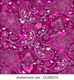 Seamless vinous valentine pattern with stylized birds and flowers (vector)