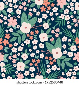 patrón de flores abstractas vintage impecable. fondo azul oscuro. flores blancas, rosas y de coral. textura vectorial. bella impresión brillante para textiles y papel pintado.