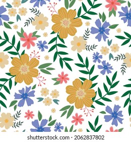 Patrón abstracto vintage sin inconvenientes. flores azules, mostaza y rosa y hojas verdes sobre un fondo blanco. textura vectorial. impresión de moda para textiles, papel pintado y embalaje.