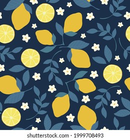 Seamless vintage abstract pattern made of lemons. dark blue background. ripe lemons, blue leaves . white flowers. vector texture. fashionable print for textiles and wallpaper.