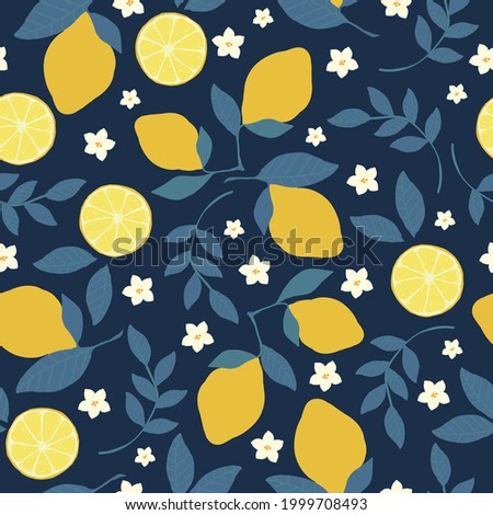 Seamless vintage abstract pattern made of lemons. dark blue background. ripe lemons, blue leaves . white flowers. vector texture. fashionable print for textiles and wallpaper.