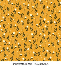 Patrón abstracto vintage sin inconvenientes. flores blancas pequeñas, hojas negras sobre un fondo amarillo. textura vectorial. impresión de moda para textiles, papel pintado y embalaje.