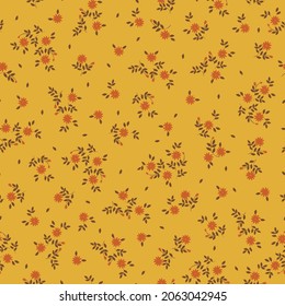 Nahtlose abstrakte Vintage-Muster. kleine orangefarbene Blumen, braune Blätter auf Senfhintergrund. Vektorstruktur. modischer Druck für Textilien, Tapeten und Verpackungen.
