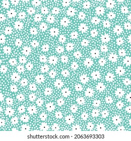 Seamless vintage abstract pattern. small white flowers and dots on a light blue background. vector texture. trendy print for textiles, wallpaper and packaging.