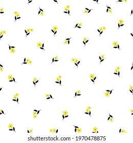 Seamless vintage abstract pattern. White background. small yellow flowers. black leaves. Vector texture. trend print for textiles and wallpaper.
