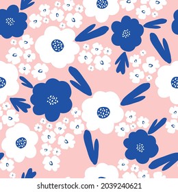 Patrón abstracto vintage sin inconvenientes. flores blancas y azules. fondo rosa claro. textura vectorial. impresión de tendencia para textiles y papel pintado.