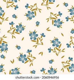 Nahtlose abstrakte Vintage-Muster. wunderschöne blaue Blumen und Senfblätter auf hellem Hintergrund. Vektorstruktur. modischer Druck für Textilien, Tapeten und Verpackungen.