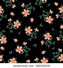 Seamless vintage abstract pattern. Wonderful light orange flowers and green leaves on a black background. vector texture. trendy print for textiles, wallpaper and packaging.