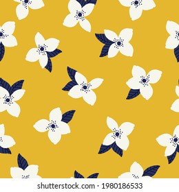 Seamless vintage abstract pattern. yellow background. big white flowers. dark blue leaves. vector texture . fashionable print for textiles and wallpaper.