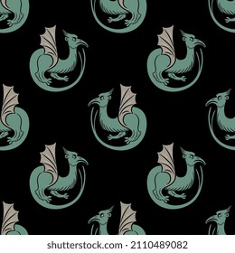 Seamless vintage animal pattern with winged medieval dragons. Illuminated manuscript animal motif. On black background.