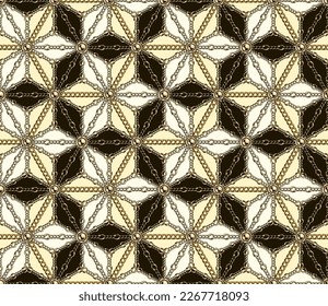 Patrón arabesco inmaculado con cadena dorada, perlas. Rejilla geométrica con rhombus, hexagones. Fondo clásico blanco y negro. Ilustración del vector