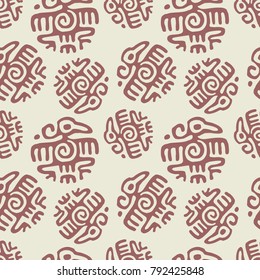 Seamless vintage backdrop pattern with brown aztec and mayan eagle on beige background