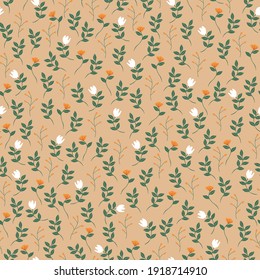 fondo vintage impecable. fondo beige. flores pequeñas blancas y naranjas de plantas. textura vectorial. impresión de tendencia para textiles y papel pintado.