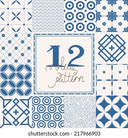 Seamless vintage background collection. Set of 12  monochrome geometrical patterns (seamlessly tiling)