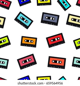 Seamless vintage background with compact audio cassette tape. Vector illustration.