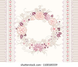 Seamless vintage background with festive wreath, laces, hearts, flowers and stripes. Vector floral pattern, romantic greeting card.