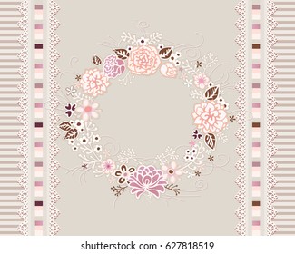 Seamless vintage background with festive wreath, laces and stripes. Vector floral pattern, romantic greeting card.