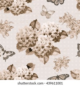 Seamless vintage background with flowers and butterflies.