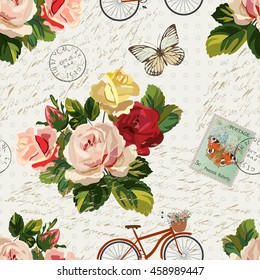 Seamless vintage background with flowers and butterflies.