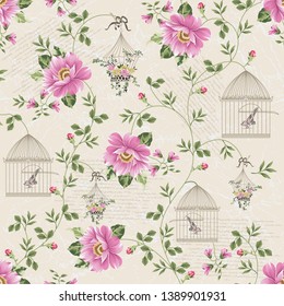 Seamless Vintage Background With Flowers,bird, Bird Cage Pattern