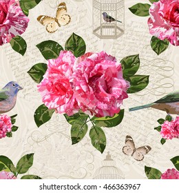 Seamless vintage background with flowers,bird, bird cage, and butterflies.