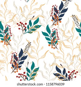 Seamless vintage background pattern with autumn leaves, berries and herbs. Fall backdrop for fabric, textile, wrapping paper, card, invitation, wallpaper, web design. White background.