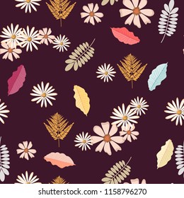 Seamless vintage background pattern with autumn leaves, flowers, fern and herbs. Fall backdrop for fabric, textile, wrapping paper, card, invitation, wallpaper, web design. Dark background.