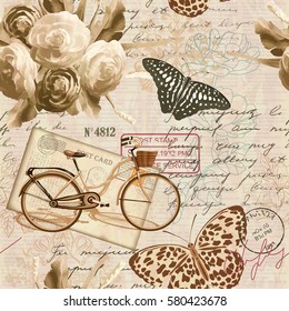 Seamless vintage background with roses, butterfly and bicycle. 