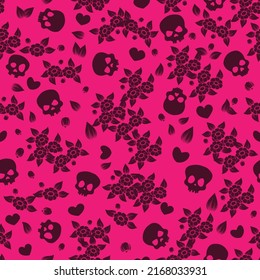 Seamless vintage background with skulls rose flowers and heart shapes. Gothic retro pattern wallpaper