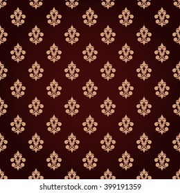 Seamless vintage background for textile design. Wallpaper, paper, texture, website, wedding, baroque pattern. Red background with light curls. Abstract the style of Damascus. Vector.
