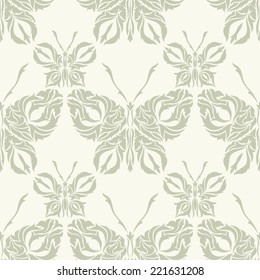 Seamless vintage background. Vector background for textile design. Wallpaper, background, web design. Floral ornament. Damascus. Butterflies.