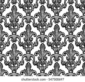 Seamless vintage baroque, renaissance and damask pattern. Vector illustration background in ink hand drawn style.