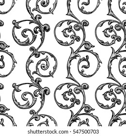 Seamless vintage baroque, renaissance and damask pattern. Vector illustration background in ink hand drawn style.